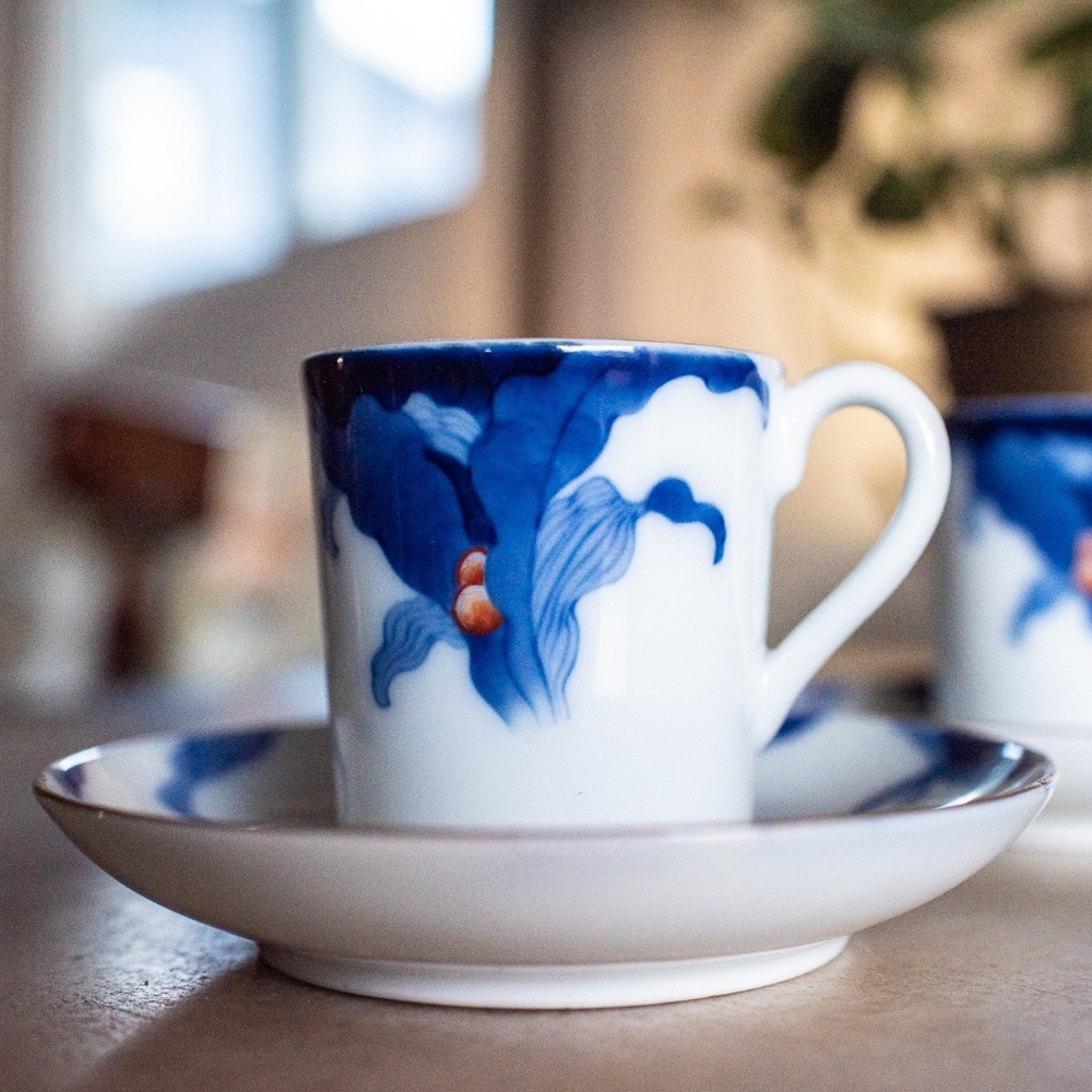 Koransha Fukagawa Antique Cups & Saucers 1930s  万年青 オモト Omoto Berries Lilies​